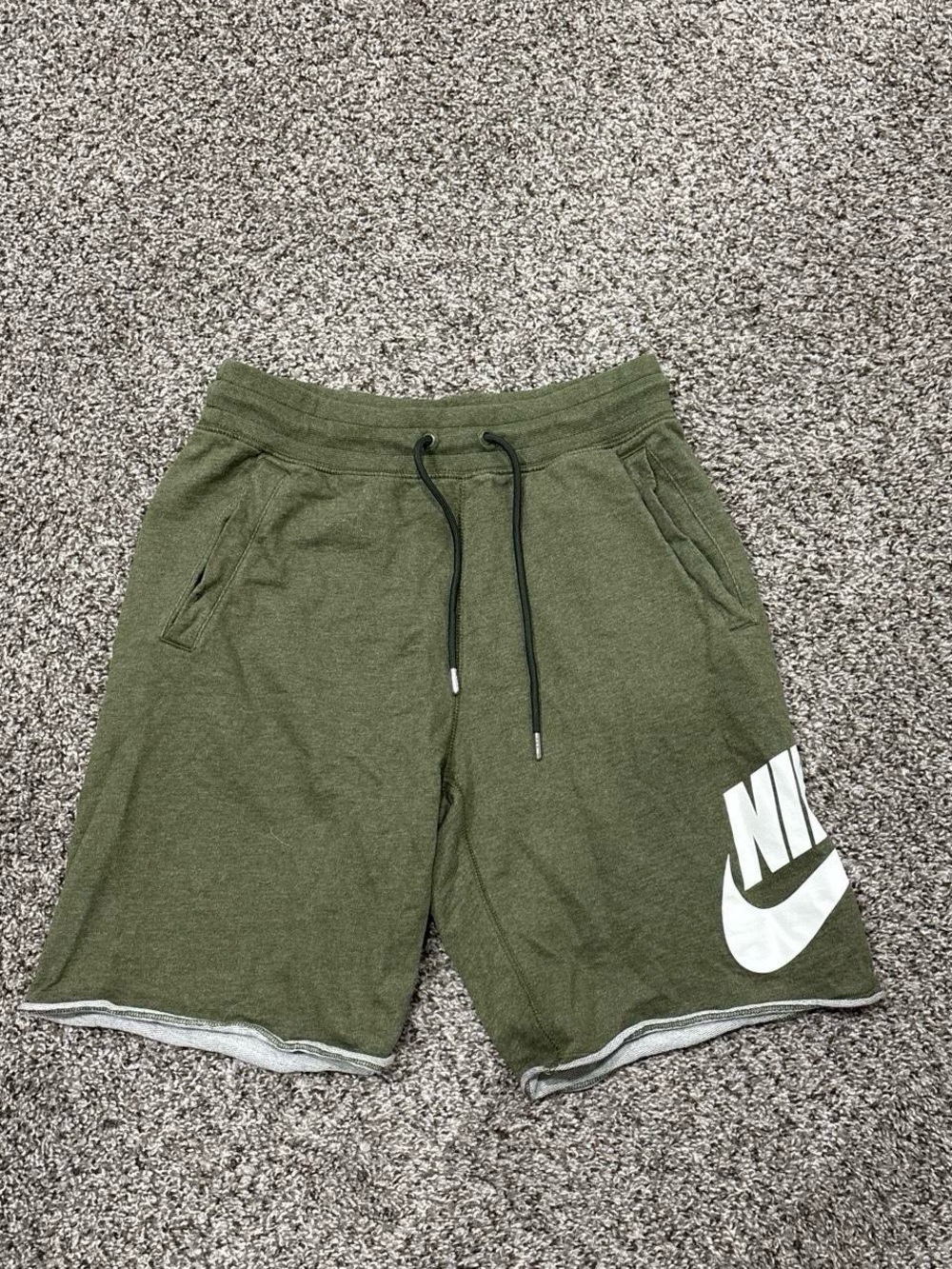 Nike Men's Olive Green Athletic Shorts with White Logo